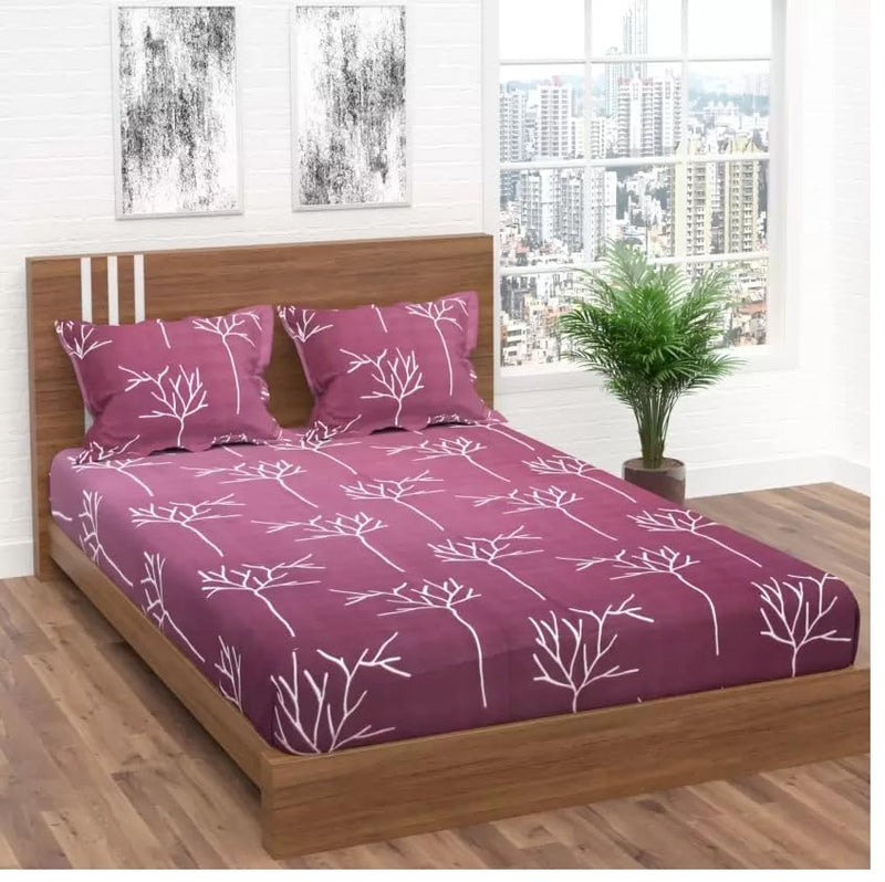 COMFOLUST Cotton Feel Glace Cotton Elastic Fitted Printed King Size Double Bed Bedsheet With 2 Pillow Cover(72"X78", Purple), 200 TC