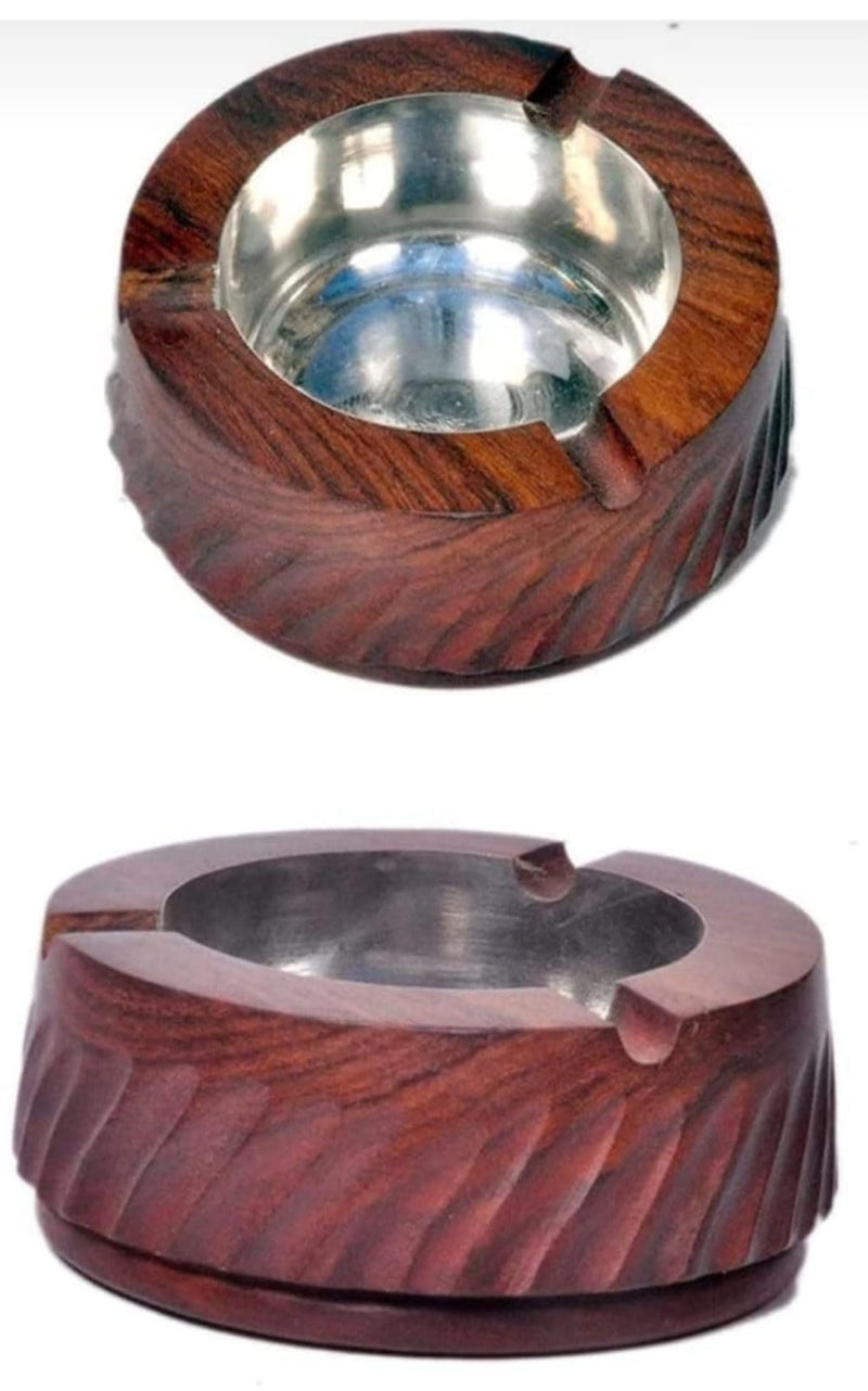 U.S Enterprises Wooden Ash Tray with Stainless Steel Bowl, Round Shape|Cigarette ashtray|Smoking accessories|Modern ashtray|Ashtray set