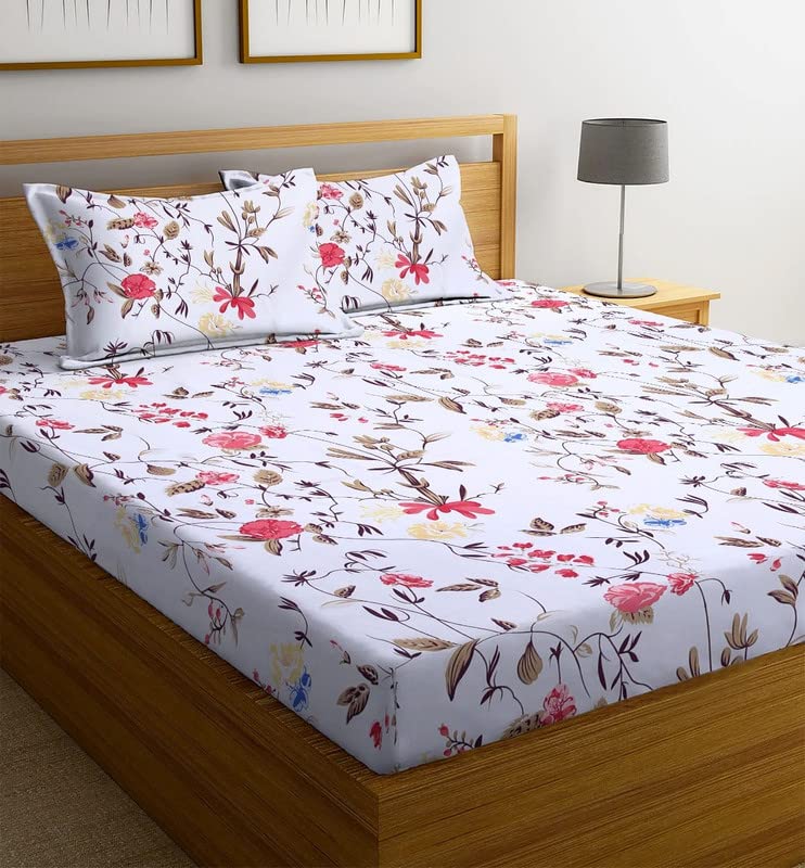 TARAIN COLLECTION Cotton Elastic Fitted Bedsheets with 2 King Size Pillow Covers | Double Bed with All Around Elastic 220 TC Supersoft |Size-72 King Sizex78+10 inches Floral White & Pink