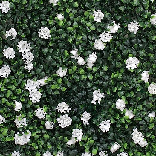 SUPER GELINGEN Nature's Tapestry | ush Artificial Garden Wall Mats with Leaves and Flowers for Vertical Décor and Garden Enhancement (White)