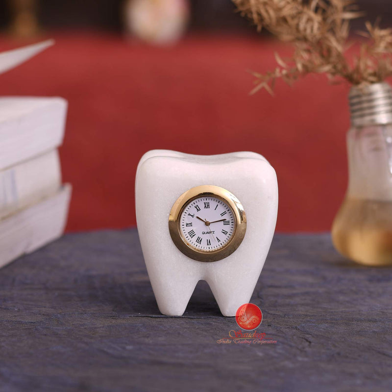 Poppins Tooth Shape Dentist Desk Marble Table Clock for Decor and Paper Weight (White)