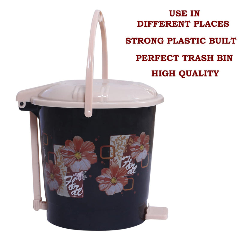 Kuber Industries Durable Floral Print Plastic Pedal Dustbin|Waste Bin|Trash Can For Kitchen & Home With Handle,10 Litre (Black)