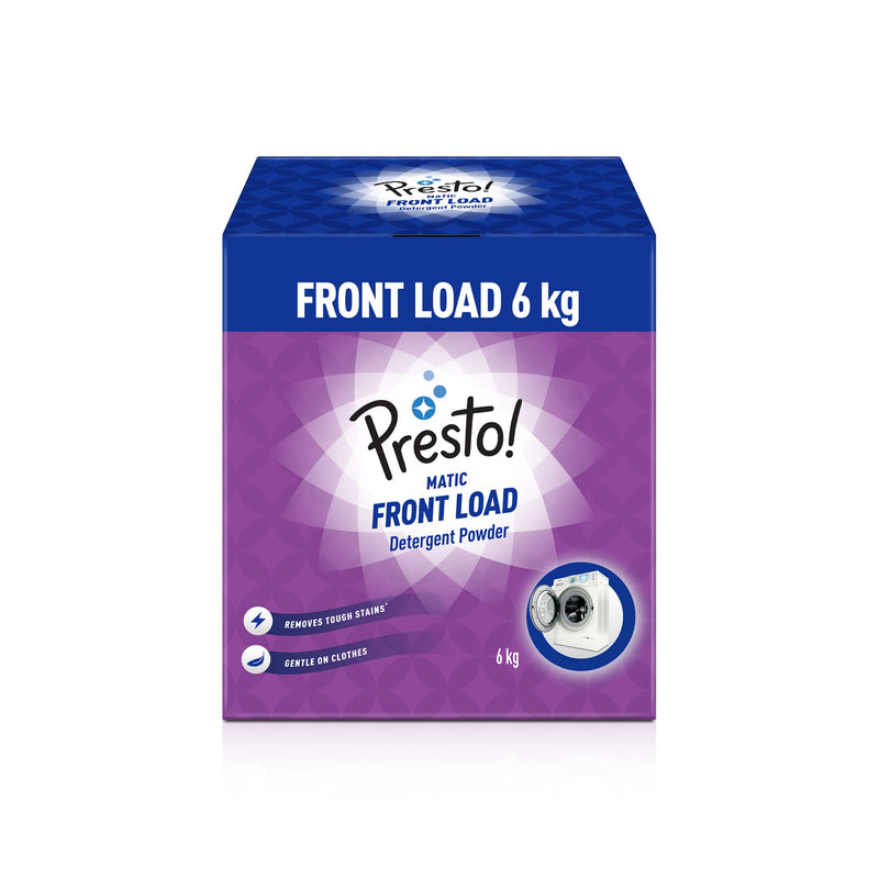 Amazon Brand - Presto! Matic Front Load Detergent Powder - 6 kg ||1kg X 6 packs | Tough on Stains | Safe and Gentle on Fabrics | Refreshing Floral Fragrance |Bleach-free and Phosphate-free