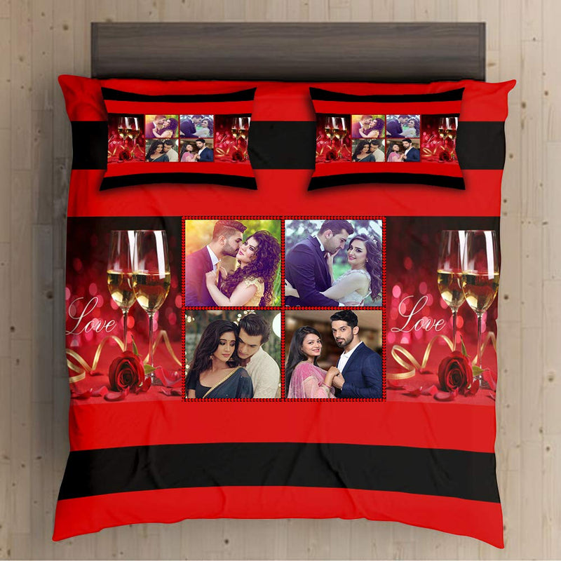 Ship Smart Velvet Fabric Personalized/ 4 Photo Bedsheet Red,Black 90x100 inch with 2 Pillow Covers Gifting Bedsheet for All Occassions Red,Black