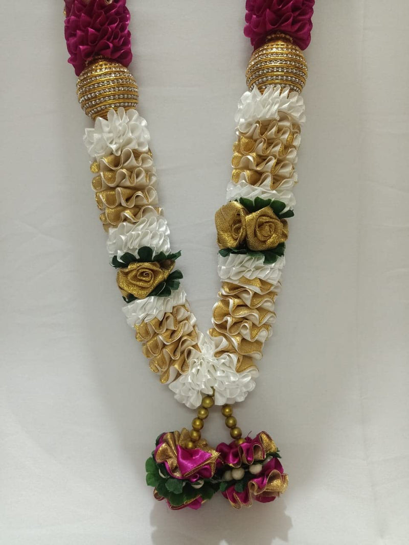 Sri Sainath Enterprises CREEME with PRPULE Flowers and Gold BOLL Flowers Garland .Length -55CM