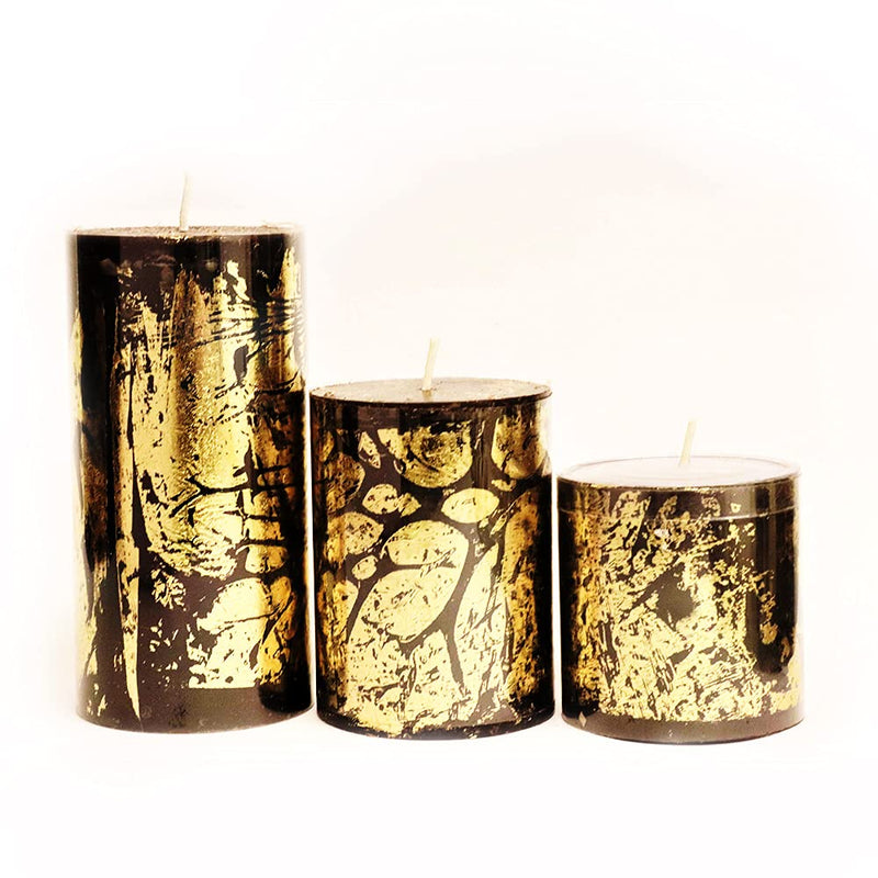 AuraDecor Unscented Pillar Candle Set of 3 (3inch*3inch, 3inch*4inch, 3inch*6inch) || Unscented || Long Burning || Gift Set || Set of 3 || Pillar candle. (Black Goldust)