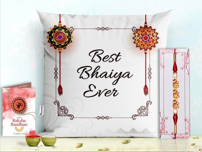 Pillow Rakhi for Brother with Gift - Rakhi with Rakhi Cushion with Filler Greeting Card- Rakhi for Brother, Gifts for Brother, Gifts for Rakhi, Gifts for Rakshabandhan Rakhi Gifts-PE-CU-17