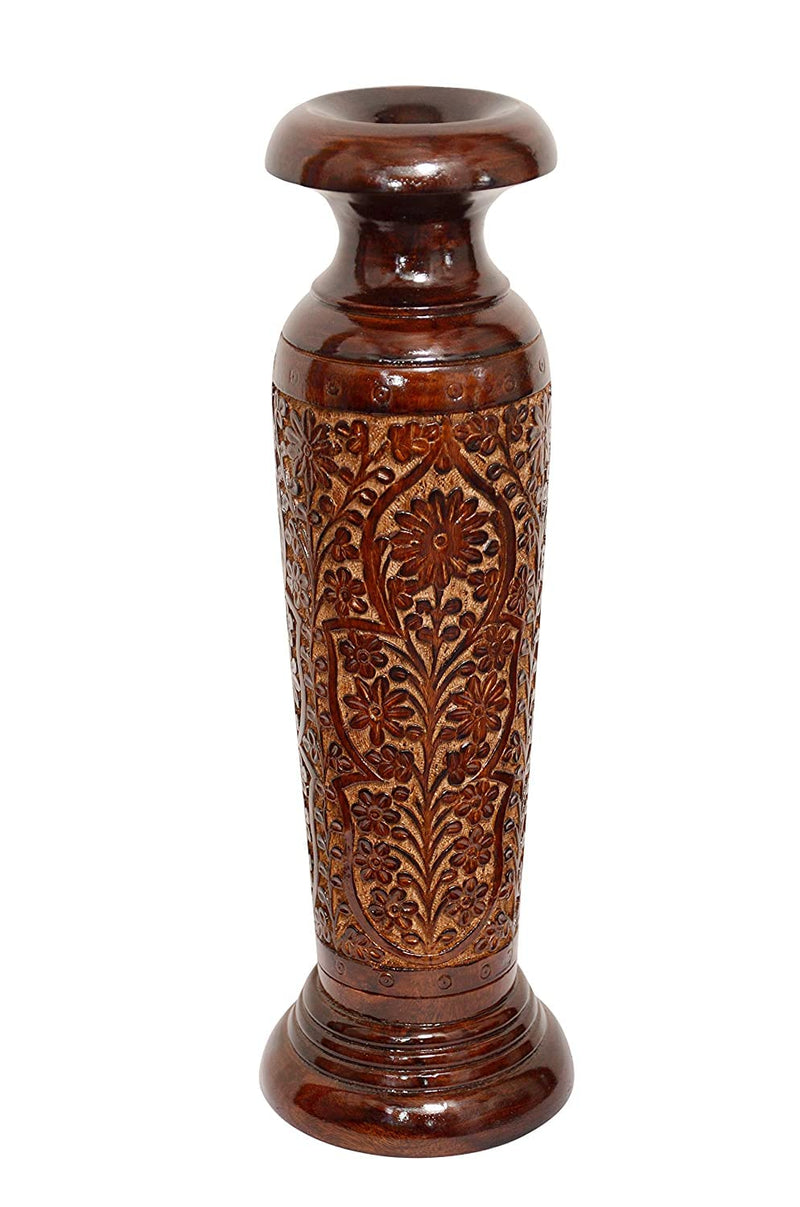 Blessing Handicrafts Antique Kashmiri Carving Flower Vase/Pot,Wood Carving Flower vase Round Shape Home Decorative Wooden Vase (20" inch) Wooden Nakkashi Pot Natural Brown Floor Decorative Item