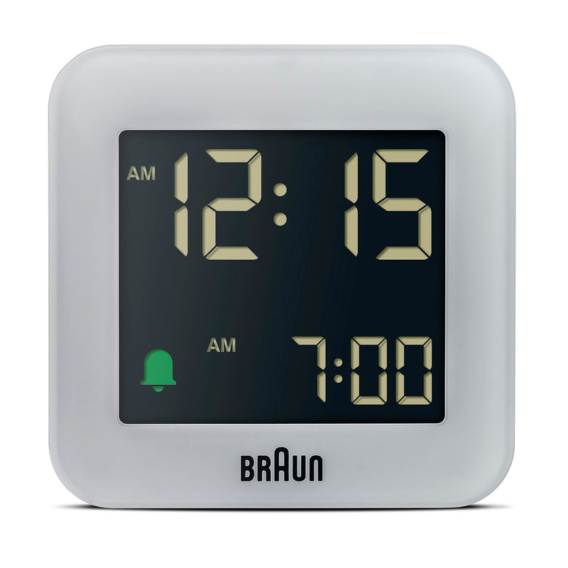 Braun Digital Travel Alarm Clock with Snooze, Compact Size, Negative LCD Display, Quick Set,Crescendo Beep Alarm in Grey, Model BC08G.