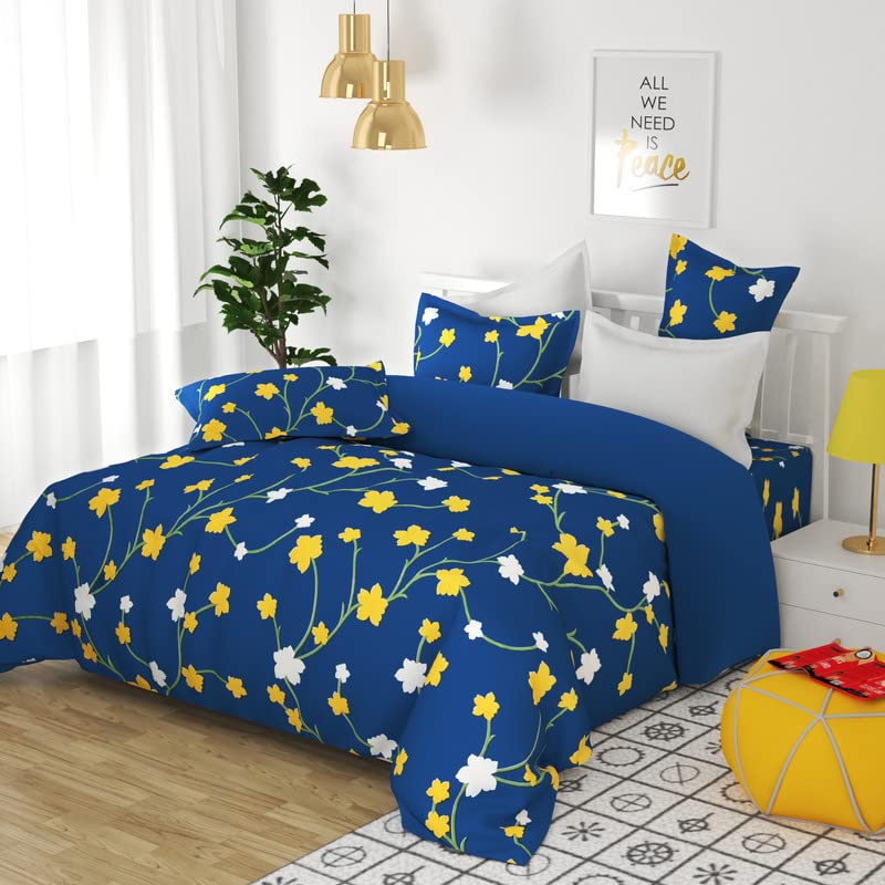 BSB HOME 100% Microfiber bedsheet for Double Bed with 2 Pillow Covers Breathable | Wrinklefree and Softtouch Floral Print Sheet- White Yellow & Blue