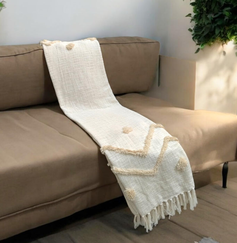 IQ INTERIOR QUOTIENT Sage White Throw Blanket for Sofa, Bed and Couch | Hand-Knitted | Sofa Throw 100% Cotton with Tassels | 150cm x 125cm | 60" x 50" | Pack of 1