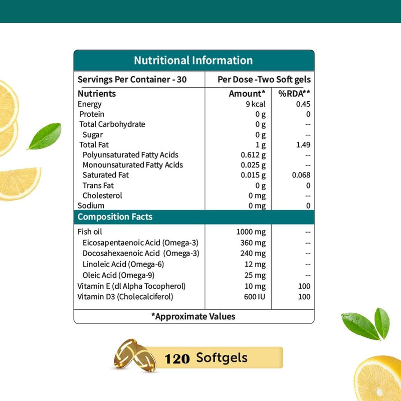 Neuherbs Mini Deep Sea Omega 3 Fish Oil 1000 mg With Lemon Flavour- 2X Omega 3, 360mg EPA & 240mg DHA With Vitamin D3 & E | No Fishy Burps/After Taste | 120 Softgels (60 Days Supply)