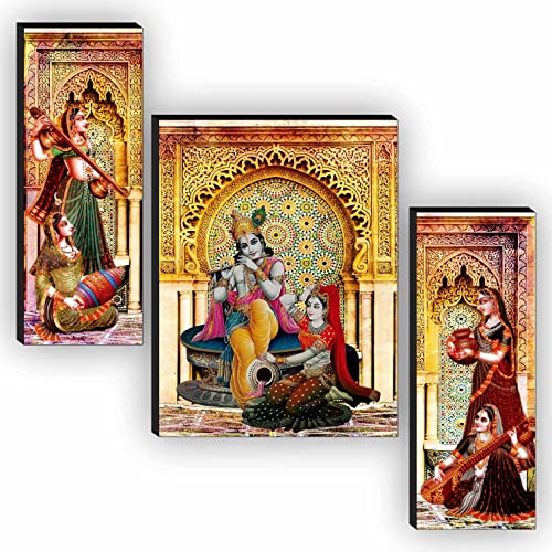 SAF paintings Religious Radhe Krishna UV Textured Painting Set of 3 (18 Inch X 12 Inch, Multicolour, SANFJM31085) Set of 3 Radha Krishna UV Textured Home Decor Self Adhesive Painting 18 Inch X 12 Inch