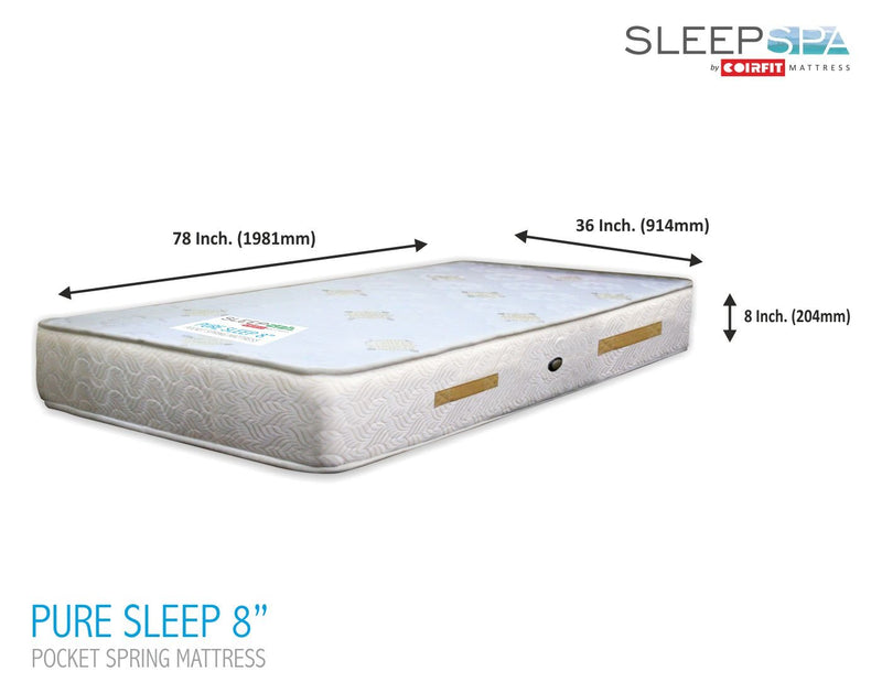 SLEEPSPA by COIRFIT Pure Sleep Premium Orthopaedic 8' Inch Single Size Pocket Spring Mattress | Zero Partner Disturbance Mattresses, Medium Firm with 7 Year Warranty (78 x 36 x 8, Beige)