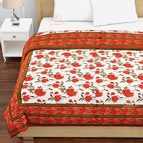 FABDESIGN QUILTS Mughal Jaal Block Print Quilt | Double Bed Cotton Traditional Floral Printed Razai | Lightweight Bedding Quilts | Winter Heavy Quilt Blanket(88X105inch) (Orange)