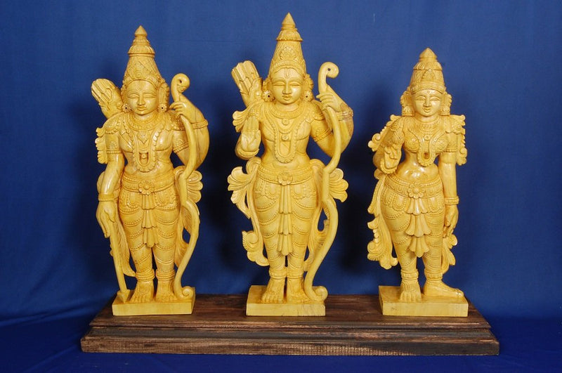 SLN_ Wooden Hand Carved Statue Ram and Lakshman and Seetha Devi - Natural