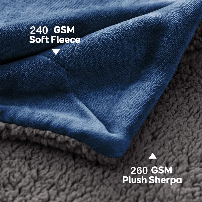 VAS COLLECTIONS - Polyester Micromink Summer AC Blanket Grey Sherpa Super Soft Flannel Solid/Plain AC Dohar/Comforter,Size 220 x 230 Cms (Double) (Approx 7.6 x 7 ft) (Blue & Grey)