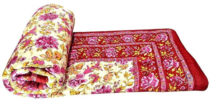 fashhub Rajasthani Light Weight Double Bed Soft Jaipuri AC Quilt | Designer Pink Mugal Floral Cotton Blanket (85" x 100")