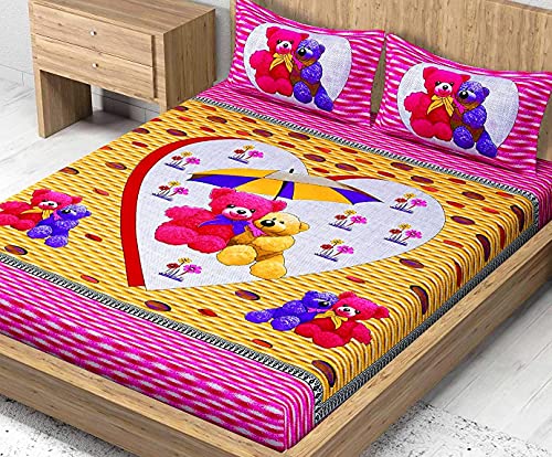 AC FASHION Rajasthani Jaipuri Traditional Sanganeri Teddy Print 280 TC 100% Cotton Double Size Bedsheet with 2 Pillow Covers (Pink)