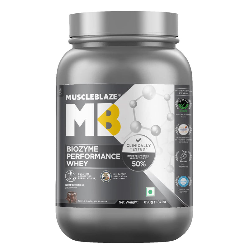 MuscleBlaze Biozyme Performance Whey Protein (Triple Chocolate, 850 g / 1.8 lb) | Clinically Tested 50% Higher Protein Absorption | Informed Choice UK, Labdoor USA Certified & US Patent Filed EAF®