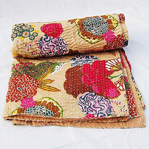 Textile Work Creations Kantha Quilt Hippie Bed-Cover Throw and Cotton Blanket Twin-Size Kantha Quilt Handmade 60 x90 inch Single Size