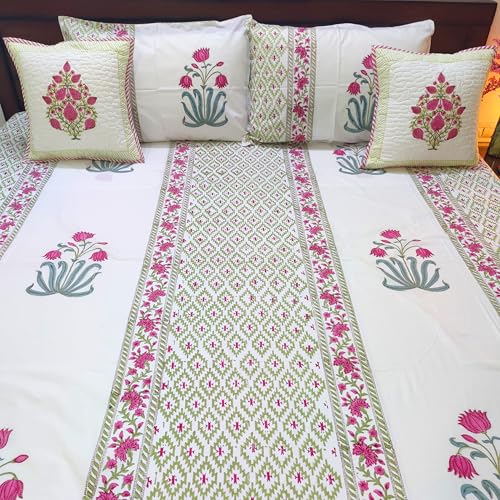 House of Harman I 350 TC 100% Pure Organic Cotton Bedsheet with 2 Matching Pillow Covers I Hand Block Printed I Natural Vegetable Dyes (Majestic Lotus Paradise Bedsheet) (Super King- 108*108 inches)