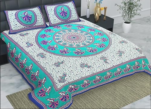 HZAR ART Queen Size Premium 100% Cotton Bedsheet for Double Bed with 2 Pillow Covers | 240 TC Flat Sheet | Jaipuri Print Double BedSheet Cotton (Turkish,90 X 100 Inches) SSBS103