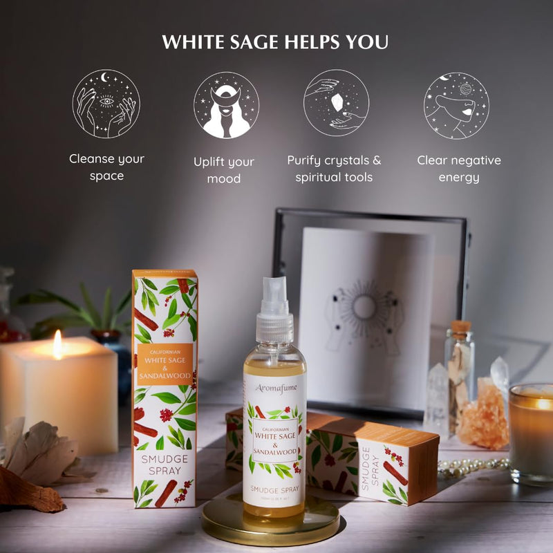 White Sage & Sandalwood Smudge Spray by Aromafume | 100ml/3.3 oz | Sage Spray for Cleansing Negative Energy & Protection | Non-Toxic | Room Spray for Spiritual Cleansing, Smokeless Sage Smudging