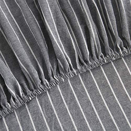 Wake In Cloud - Striped Bed Sheets, 100% Washed Cotton, 4-Piece Sheet Set, Ticking Stripe Vertical Pinstripe Pin Neutral Farmhouse Percale Bedding, Deep Pocket, Gray White, Queen Size