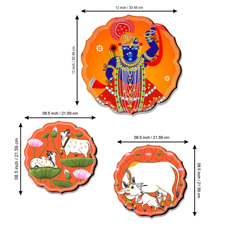 SAF Set of 3 Shrinath ji and cow pichwai modern art beautiful round shape wall painting for living room, home decoration, bedroom (1 Pc.-12 inch x 12 inch, 2 Pcs.- 8.5 inch x 8.5 inch) JLR43-S2L1