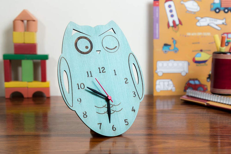 IVEI Wooden Owl Shaped Laser Cut Desk Organizer Modern Decor Engraved Mini Table Clock for Gifting (Green, aqua)