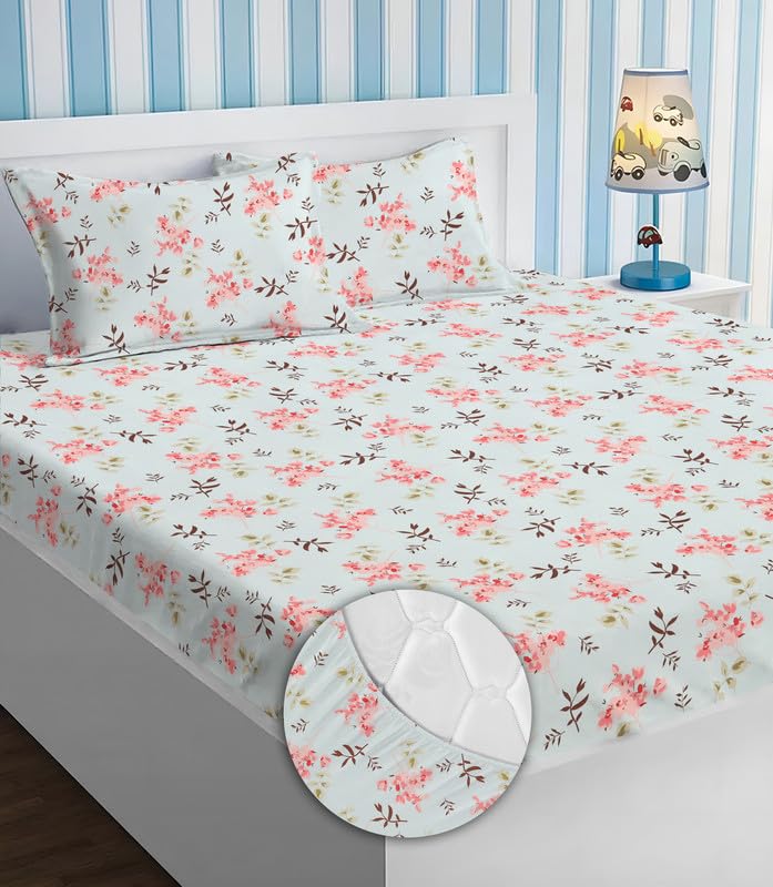 BSB HOME Premium Microfiber All Round Elastic Fitted Bedsheets for Double Bed with 2 King Size Pillow Covers 160 TC Supersoft |Wrinkel Free Bed Cover Size - 72x78+8 inches | Pink Flower & Aqua