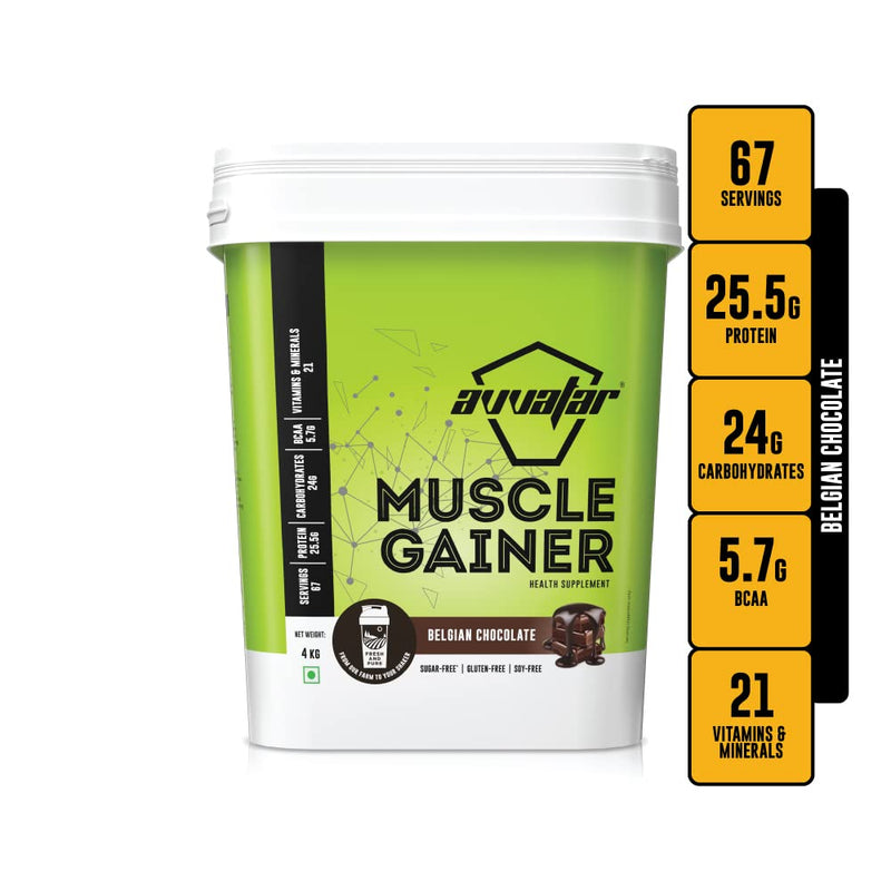 AVVATAR MUSCLE GAINER Powder |Pack of 4Kg | Belgian Chocolate Flavour | Made with 100% Fresh Cow's Milk