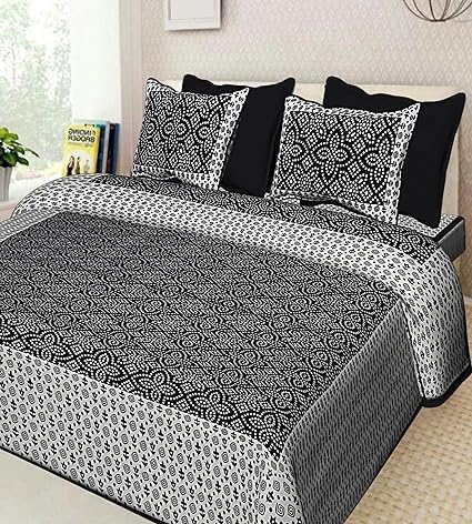 Proudly Made in India.100% Pure Cotton Double Bedsheet. Amazing Design Cotton Bedding with 2 Pillow Covers (Black)