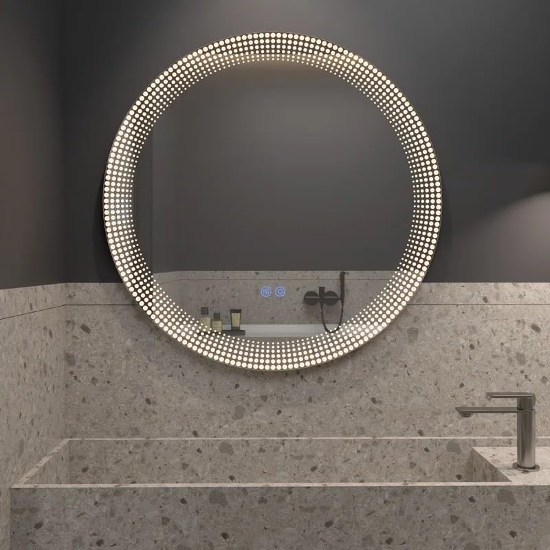 Artessa Modern Backlit Round LED Mirror with Defogger, Dimmer-Option, 3-Colour LED for Bathroom (60 x 60 CM)