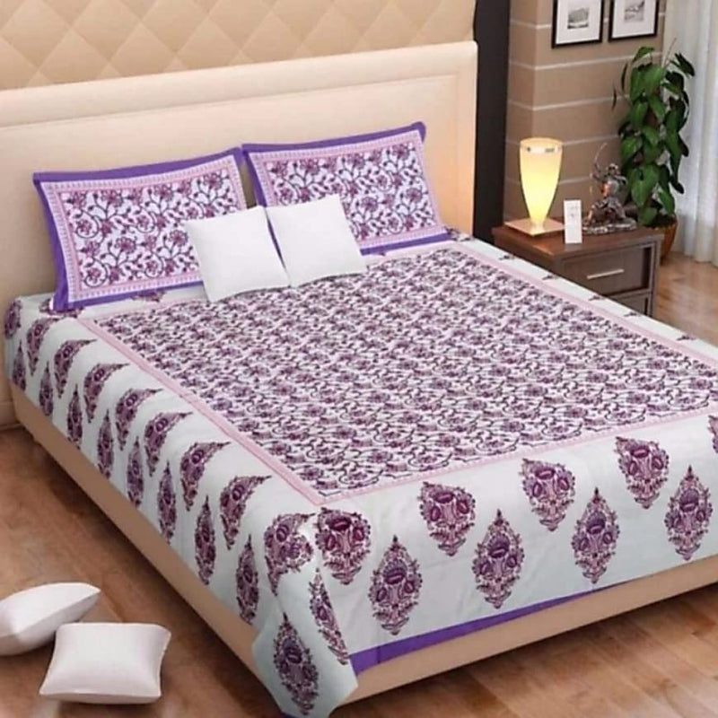 Pure Cotton Sanganeri Printed Jaipuri Bedsheet for Double Bed Queen Size with 2 Pillow Covers 260Thread Count (Purple White)