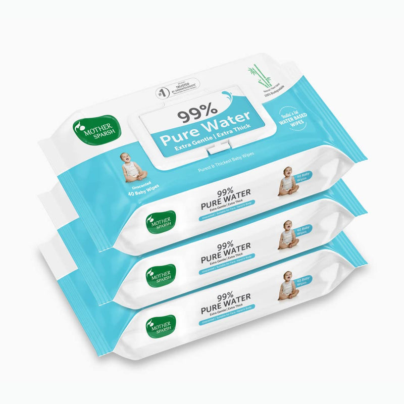 Mother Sparsh 99% Pure Water Baby Wipes, Pack of 3 (40 X 3 Wipes) | Travel Friendly Pack Made with Plant Based Fabric