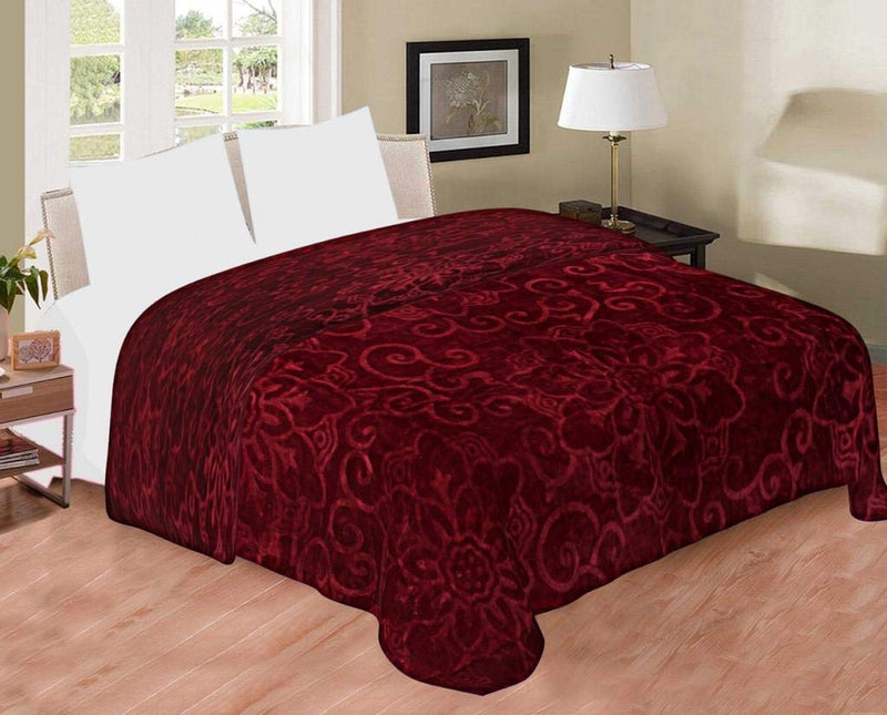 WONDERLOOK Embossed Blankets Solid Colour Ultra Soft Floral Double Bed Mink Heavy Winter Blanket 220x200 cms Polyester (Maroon, Double) Maroon