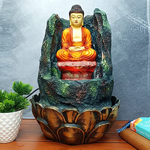 WENS Buddha Polyresin Table Top Indoor Outdoor Water Fall Fountain with LED Lights