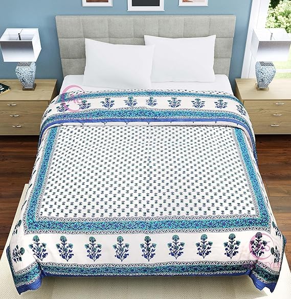 EMIOUR 400 GSM Soft Light Weight Rajasthani Traditional Jaipuri Hand Block Print Summer and Winter Cotton Double Bed Quilt Razai [Double Bed 90 X 105 Inch] Blue