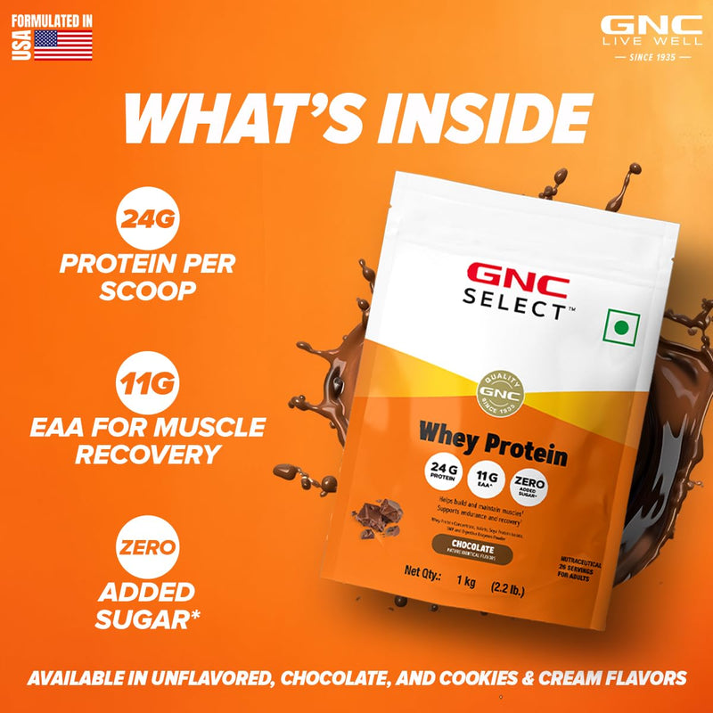 GNC Whey With Free Shaker | 2.2 LBS (1KG) | Chocolate | Digestive Enzyme For Better Digestion |24 Gm Protein| Faster Muscle Recovery | Boosts Strength & Endurance | Zero Added Sugar | Builds Lean Muscles | Formulated In USA | Imported