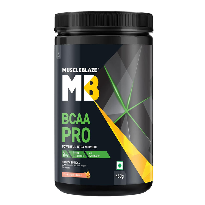 MuscleBlaze BCAA Pro, Powerful Intra Workout (Fruit Splash, 450g, 30 Servings) | With 7g Vegan BCAAs, 1168mg Electrolytes & 2.5g Glutamine