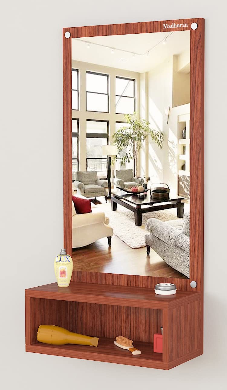 Madhuran Engineered Wood Wall Mounted Mirrors with Storage Box Stand (Laminated Teak) / Fancy Rectangular Hanging Home Makeup Items Living Room Office Bedroom Bathroom