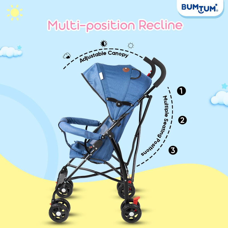 BUMTUM Baby Slim Trim Stroller/Pram for 6 to 36 Months, Reclining backrest, Reversible Handlebar for Babies, Toddler & Kids(Blue)