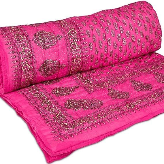 fashhub World Famous Jaipuri Light Weight Pure Cotton Traditional Rajasthani Print Multi Colour Single Bed Quilt/Razai/Rajai (Pink, Single Bed)