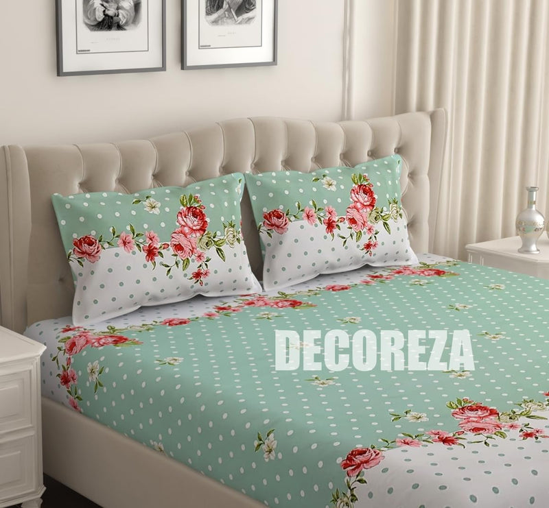 DECOREZA 300TC All Around Cotton Elastic Fitted Bedsheets Queen Size, Premium Queen Size Bedsheet with Elastic Soft Fitted Bedsheets for Queen Bed with 2 Pillow Covers, Size 60" x 78" (Green Dot)