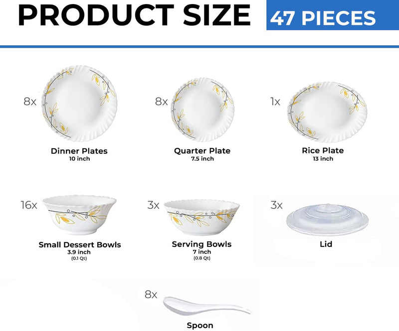 Larah by Borosil Bella Silk Series Opalware Dinner Set | 47 Pieces for Family of 8 | Microwave & Dishwasher Safe | Bone-Ash Free | Crockery Set for Dining & Gifting | Plates & Bowls | White