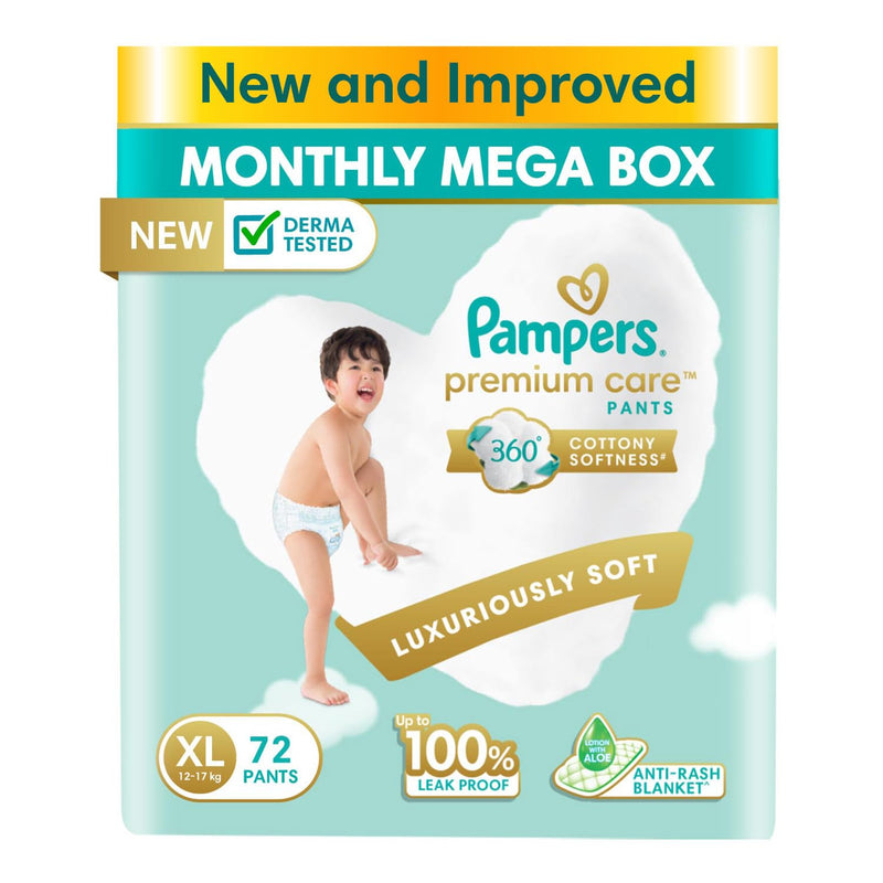 Pampers Premium Care Pants Style Baby Diapers, X-Large (XL) Size, 72 Count, All-in-1 Diapers with 360 Cottony Softness, 12-17kg Diapers