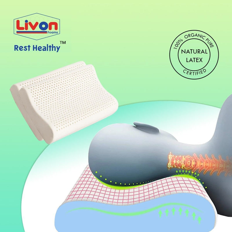 REST HEALTHY Organic Pure Natural, Breathable, Orthopaedic, Durable, Hypoallergenic, Neck Support, Cooling, Latex Contour Pillow by Livon Comforts (Pack of Two)