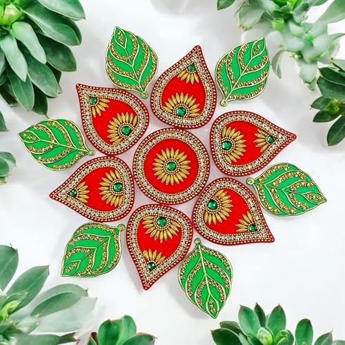 Krisah Acrylic Rangoli, 11 inch Diameter, Red and Green with Floral Design, Reusable Festival Decoration